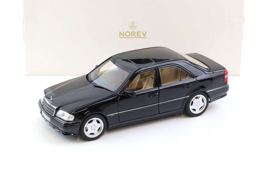Norev 1:18 scale die-cast Mercedes C36 AMG sedan model, black, front 3/4 view