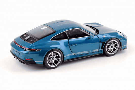 Norev 1:18 Porsche 911 S/T die-cast model, metallic blue coupe, side 3/4 view