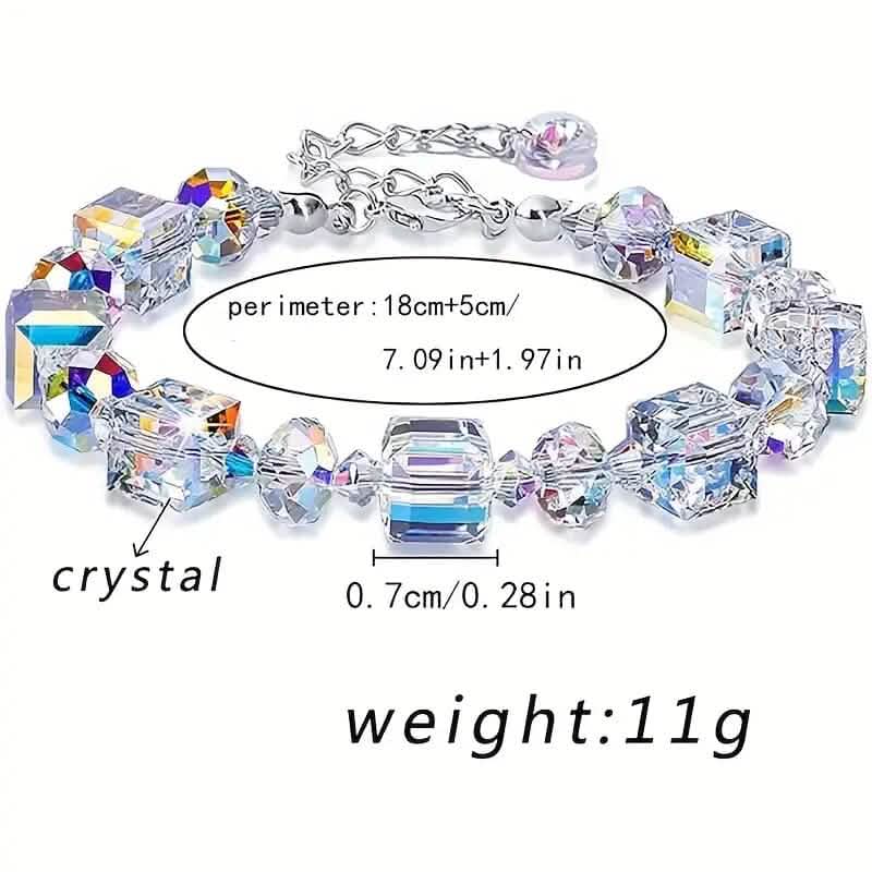 Iridescent crystal bracelet with silver clasp, faceted cube and round beads