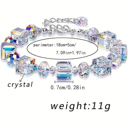 Iridescent crystal bracelet with silver clasp, faceted cube and round beads