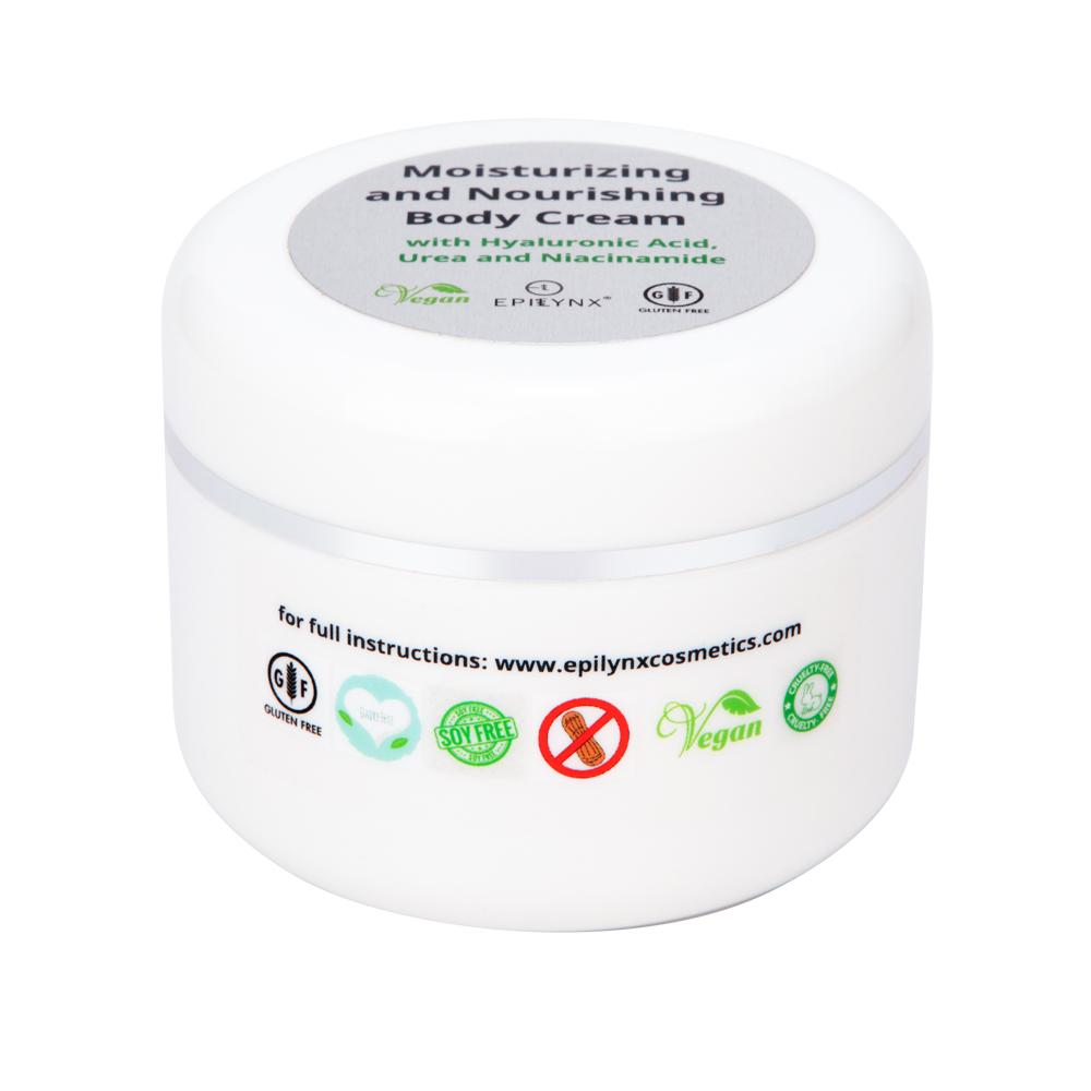 White moisturizing body cream jar with front seal and vegan badge