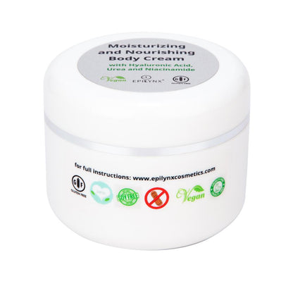 White moisturizing body cream jar with front seal and vegan badge