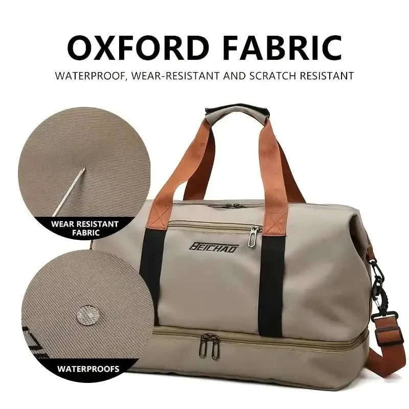 Light gray nylon duffel bag with black stripe and tan handles, front zipper pocket.