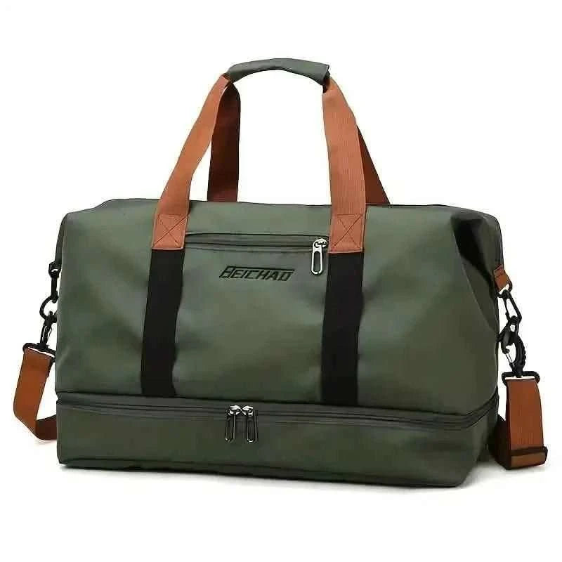 Nylon duffel bag in dark green with black stripe and tan handles, zip pocket on front.
