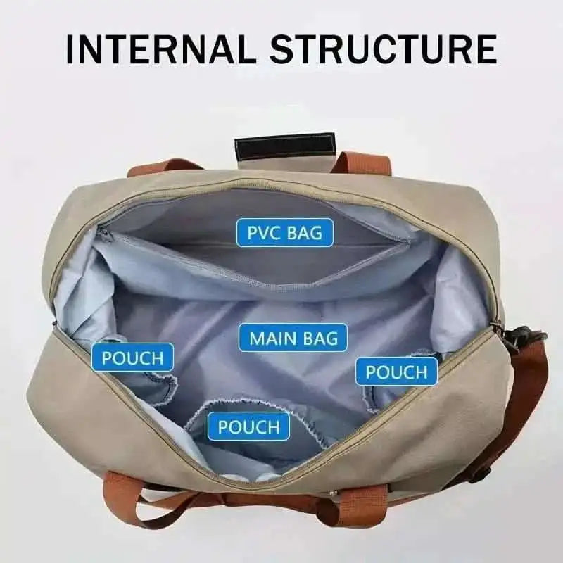 Nylon duffel bag interior showing main area and several pouches, open