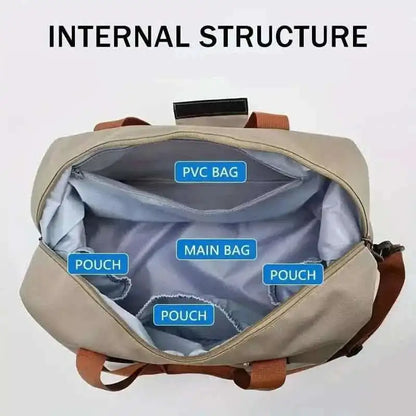 Nylon duffel bag interior showing main area and several pouches, open