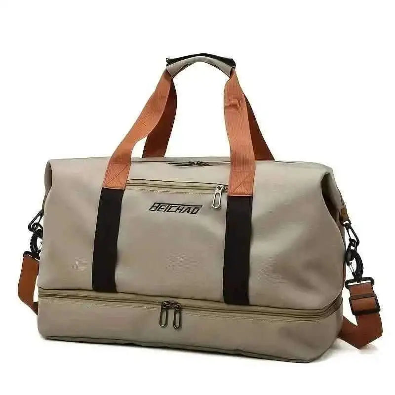 Beige nylon duffel bag with black stripe, top handle, and front zip pocket