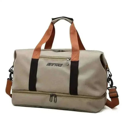 Beige nylon duffel bag with black stripe, top handle, and front zip pocket