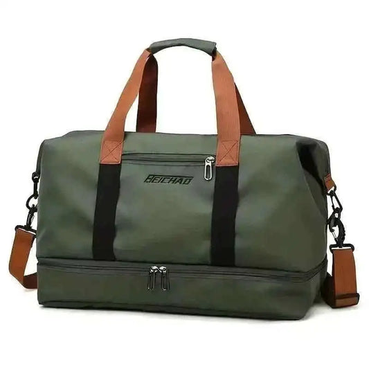Dark green nylon duffel bag with black accents, top handle, and zip compartment