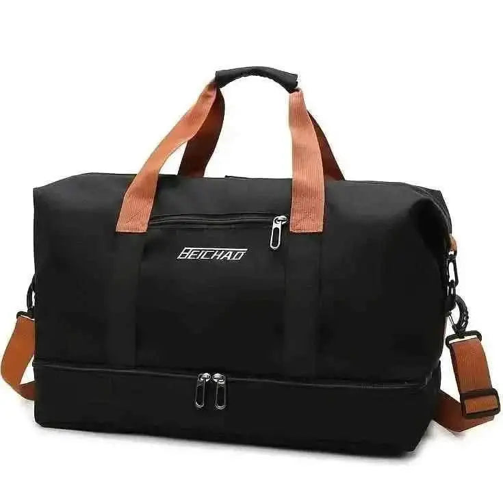 Black nylon duffel bag with brown strap accents, top handles, and front zips
