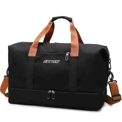 Black nylon duffel bag with brown strap accents, top handles, and front zips