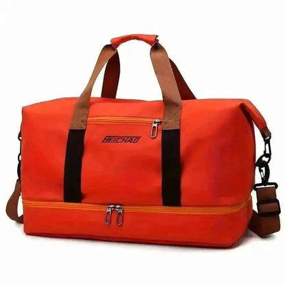 Red nylon duffel bag with black strap and front zip pocket, crossbody strap