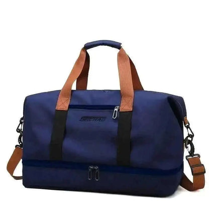 Navy nylon duffel bag with brown handles, black stripe, and zip pockets