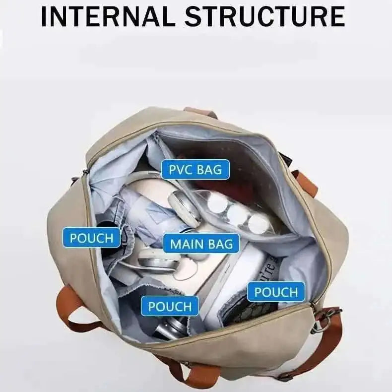 Nylon duffel bag interior with main compartment and multiple pouches, open top