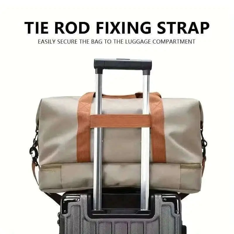 Light gray duffel bag with trolley sleeve over luggage handle and zip pockets