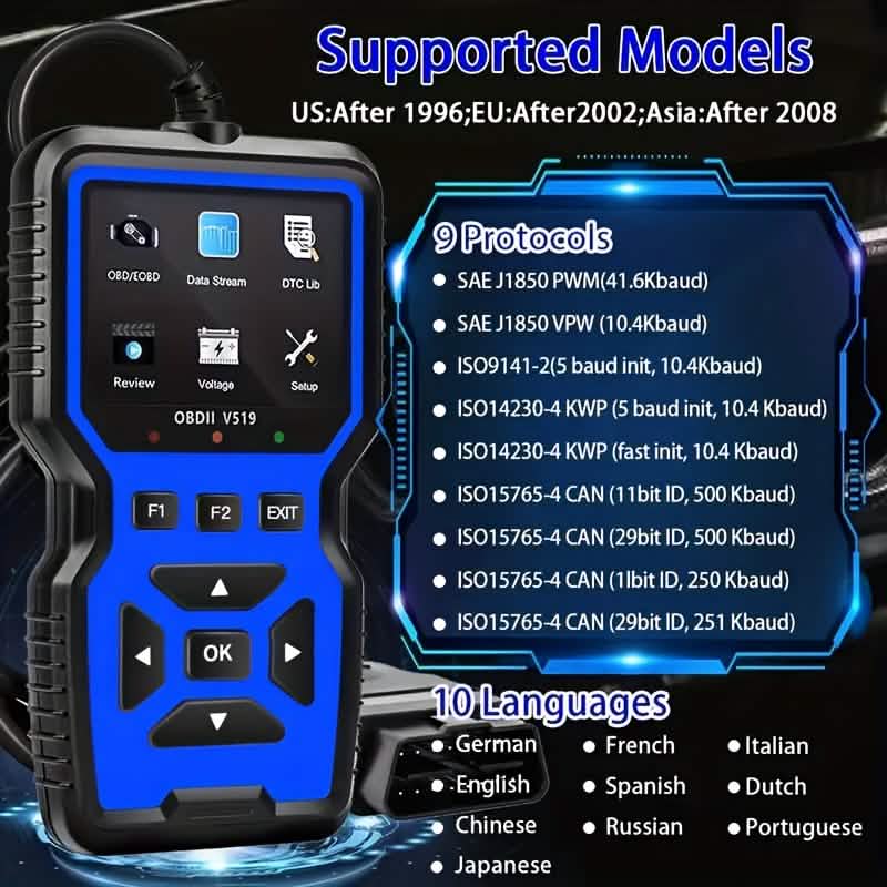 Universal OBD2 code reader with blue screen, arrow controls, and attached cable