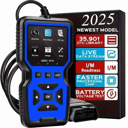 Universal OBD2 code reader with blue screen, keypad, and connected OBD plug cable