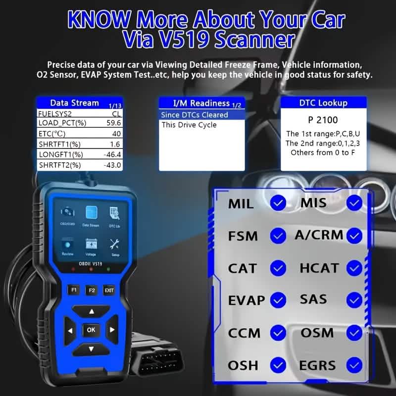 OBD2 scanner with blue display and keypad, with diagnostic port cable connected