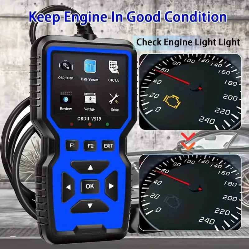 OBD2 diagnostic tool with blue screen and navigation keypad, shown beside vehicle gauges