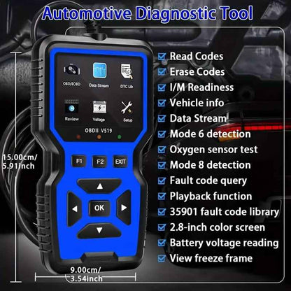 Automotive OBD2 code reader with color screen, function buttons, and attached diagnostic cable