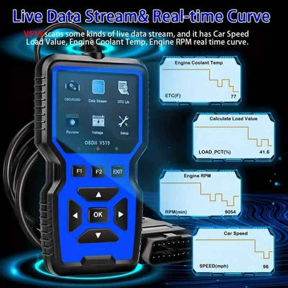 OBD2 diagnostic tool showing live data graphics on its blue screen and control buttons