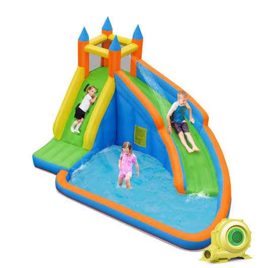Kids inflatable water slide bouncing house with blue pool, green sides, and yellow blower