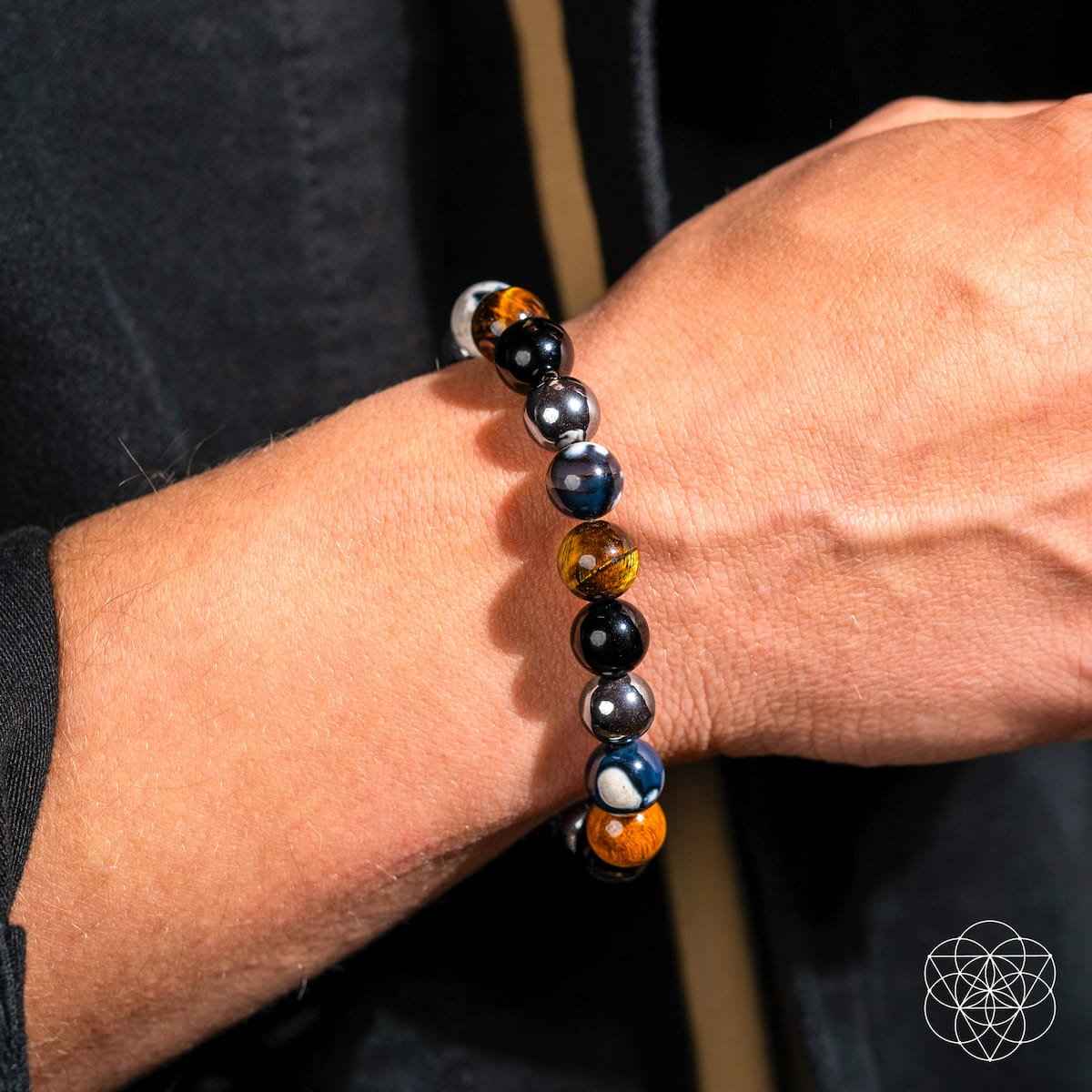 Beaded bracelet with black, silver, and amber-brown stones on wrist