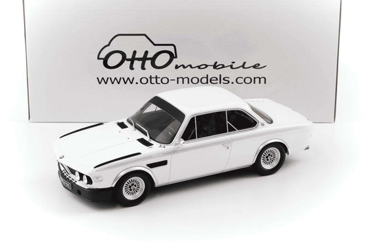 White 1:18 model car with black hood stripes and chrome wheels, front-left view
