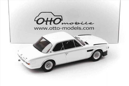 White 1:18 model car with black hood stripes and chrome wheels, front-right view