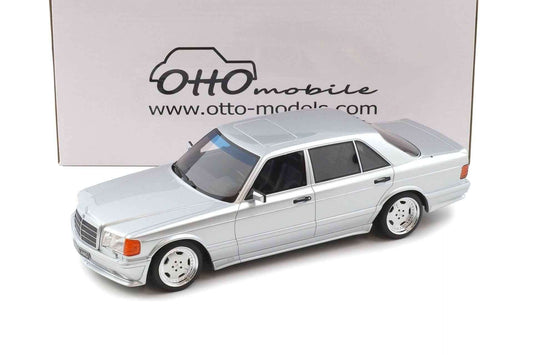 Silver die-cast Mercedes sedan model, front three-quarter view