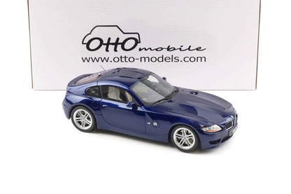 Blue metallic BMW Z4 M coupe die-cast model, side view, silver alloy wheels