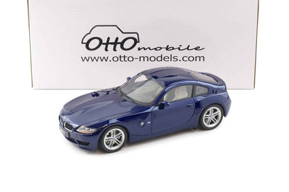 Blue metallic BMW Z4 M coupe die-cast model, front view, silver alloy wheels