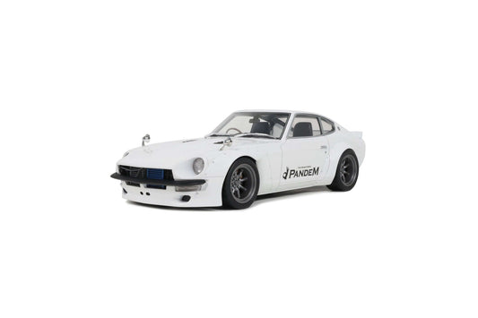 White die-cast sports car model with PANDEM decals, front three-quarter view and blue grille detail