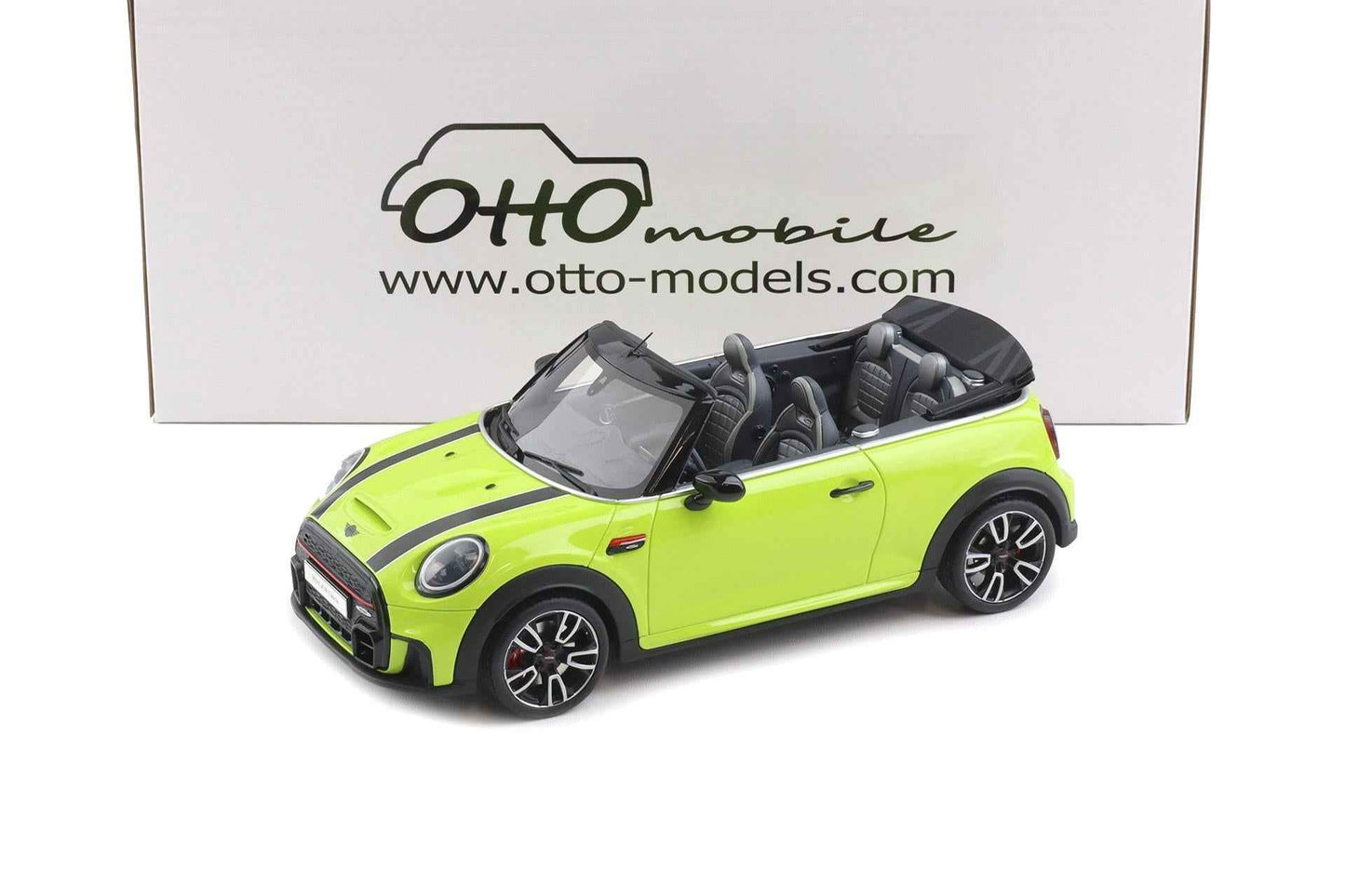 Lime green Mini Cooper Cabrio diecast model car, convertible top down