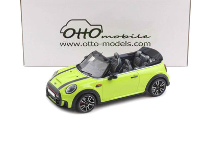 Lime green Mini Cooper Cabrio diecast model car, convertible top down