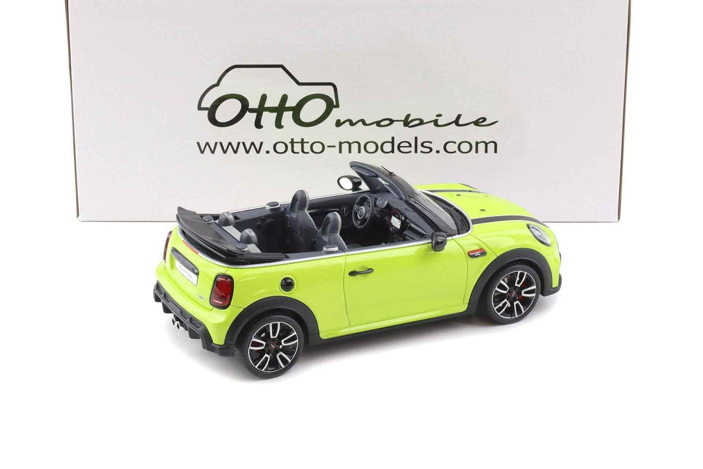Lime green Mini Cooper Cabrio diecast model car, front three-quarter view