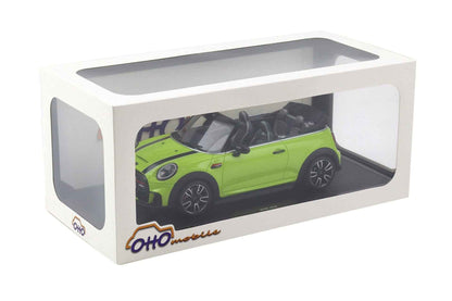 Lime green Mini Cooper Cabrio diecast model car in display box with clear window