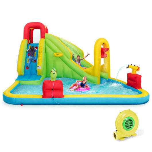 Green, yellow and blue inflatable water bounce house with slide and raised entrances