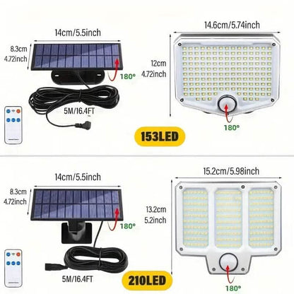 Outdoor solar LED security light kit with solar panel, LED housing, cable, and remote