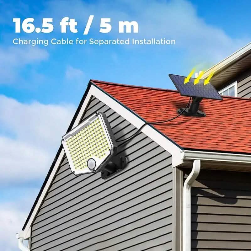 Outdoor solar LED security light mounted under eave with charging cable