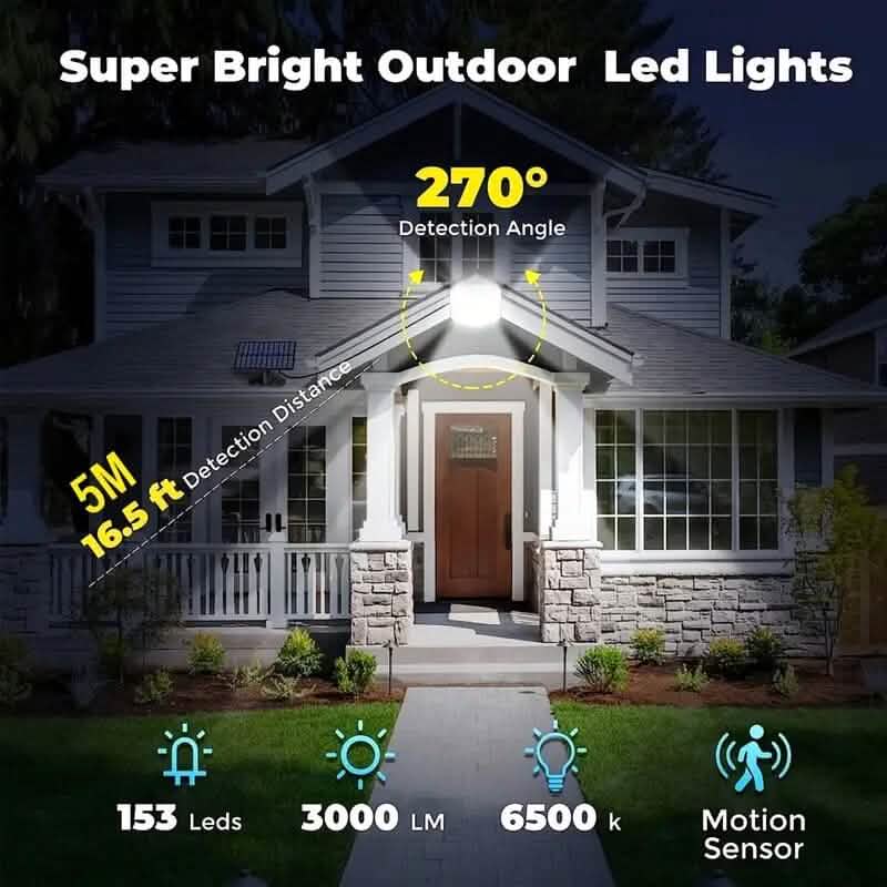 Outdoor solar LED security light fixture with bright beam and motion sensing