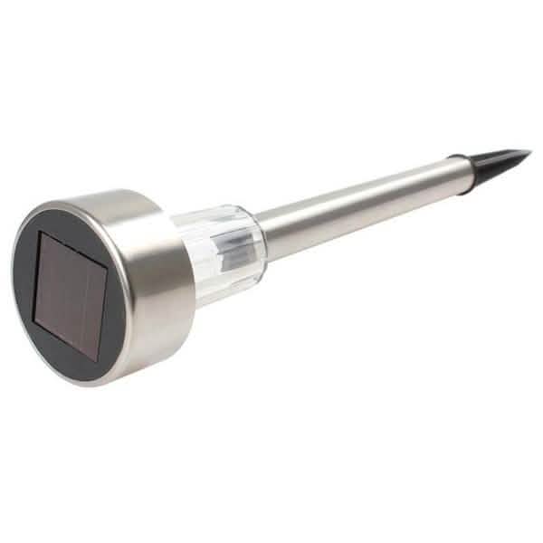 Outdoor solar LED garden stake light close-up, silver housing with clear light tube