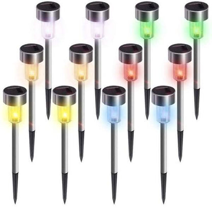 Outdoor solar LED garden lights, black caps, glowing multicolor bulbs on metal stakes