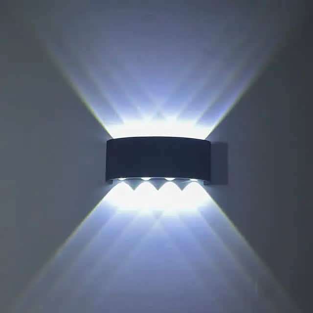 Outdoor waterproof wall light, black rectangular fixture with cool white two-way glow