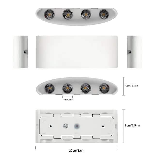 White LED wall light strip with four round bulbs and side mounting brackets