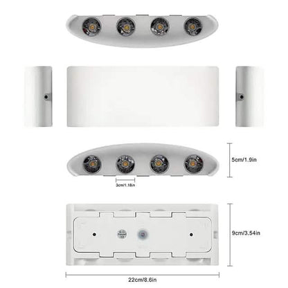 White LED wall light strip with four round bulbs and side mounting brackets