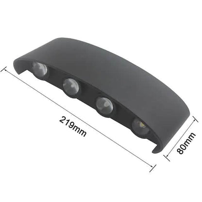 Black LED wall light housing with four lenses and size markings