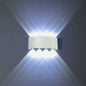 Outdoor waterproof wall light, white rectangular fixture with cool white two-way glow