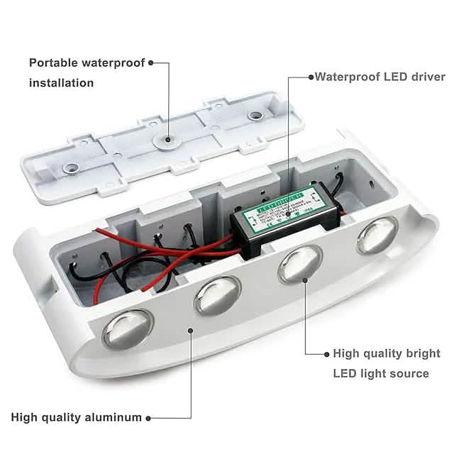 Outdoor waterproof wall light interior with LED board, driver, and wiring in housing