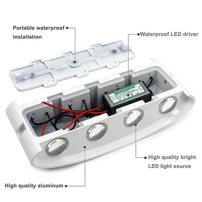 Outdoor waterproof wall light interior with LED board, driver, and wiring in housing